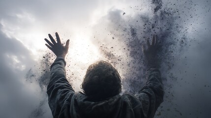 A person with arms raised surrounded by debris and dust against a cloudy sky background