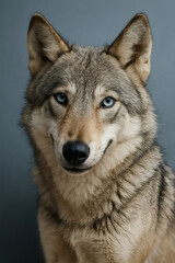 Obraz premium A striking close-up of a majestic wolf with captivating blue eyes, set against a neutral background, highlighting its intense gaze.