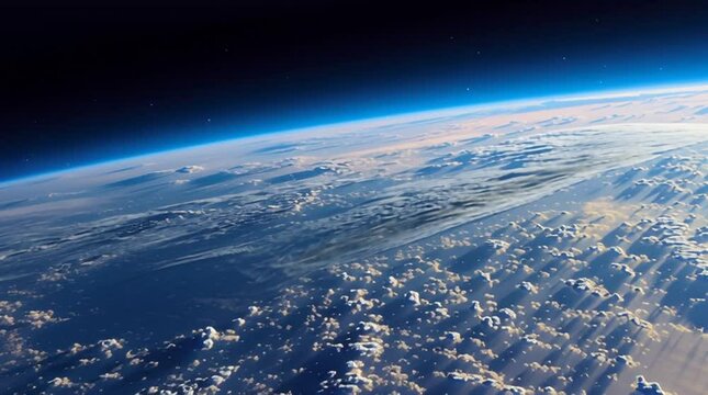 Aerial view of earth showing the atmosphere and clouds stretching to the horizon from high above