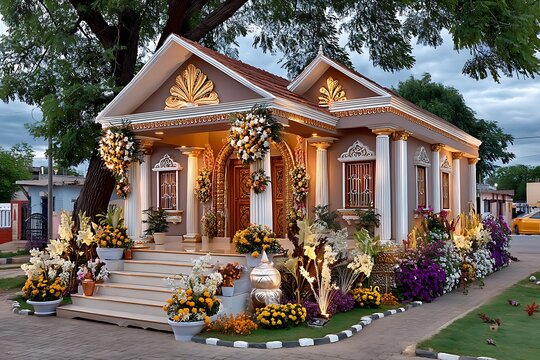 Traditional rural pandal structure with floral display high resolution photo