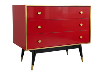Isolated Retro Red Dresser with Golden Accents