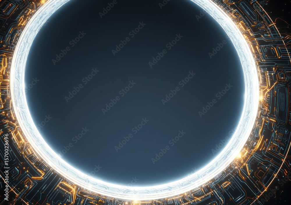 Poster abstract illustration of a futuristic portal with illuminated ring and circuit board elements