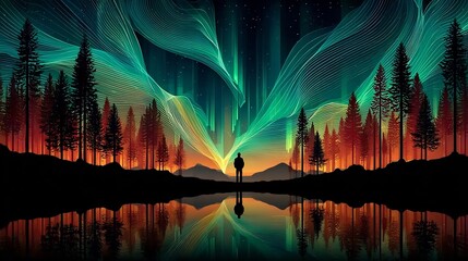 Fototapeta premium Aurora borealis landscape with silhouette of man and forest reflected in water art wallpaper 4k winter landscape