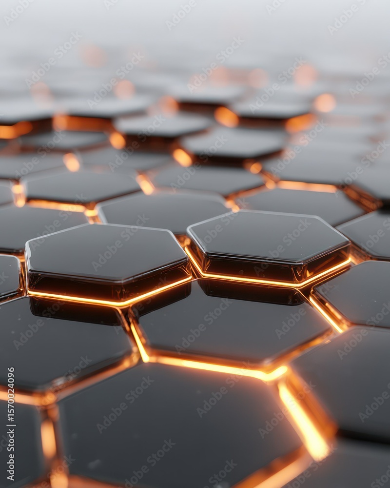 Poster illuminated hexagonal network with a blurred background depicting a modern technological design