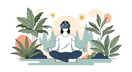 Person meditating in nature wearing a virtual reality headset experiencing digital mindfulness and digital wellness in an outdoor setting