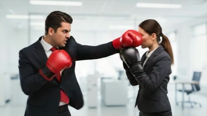 Business Competition: Man and Woman Facing Off in Boxing Gloves - A man and woman in business suits face each other, wearing boxing gloves, ready to compete. - Powered by Adobe