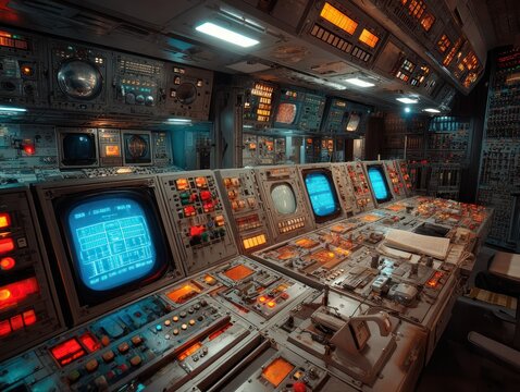 Vast control room of a vintage command center with illuminated displays and complex machinery