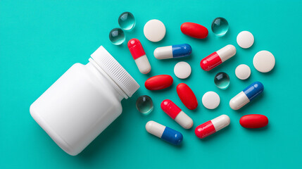 scattered pills and a white medicine bottle on a blue background. Assorted Medication and Capsules with Bottle. Healthcare Pharmaceutical Pills Spilled from Container – Flat Lay