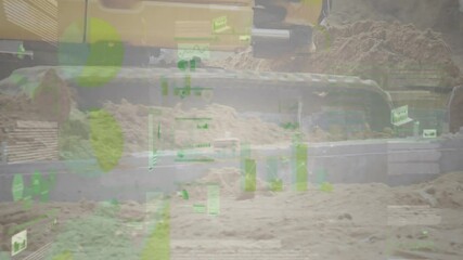 Excavator entering scooping soil dumping beside foundation, data overlay tracking trench - Powered by Adobe