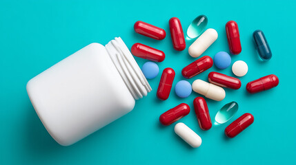 scattered pills and a white medicine bottle on a blue background. Assorted Medication and Capsules with Bottle. Healthcare Pharmaceutical Pills Spilled from Container – Flat Lay