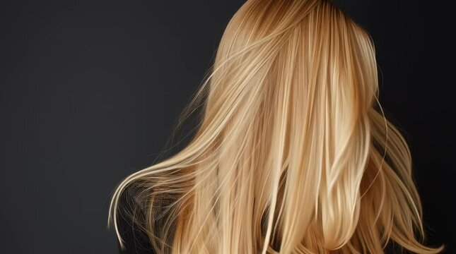 Blonde Model with Long Straight Hair and Subtle Highlights, Wearing Sweater, Studio Video on Black Background, Haircare and Hair Color Promotion Concept.