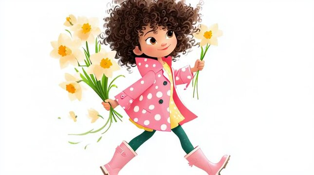 Animated Cartoon, Girl in Pink Polka Dot Jacket and Pink Rain Boots Walking with Daffodil Bouquet, Flat Style Illustration, Isolated on White, Walking Girl with Curly Hair and Flowers.