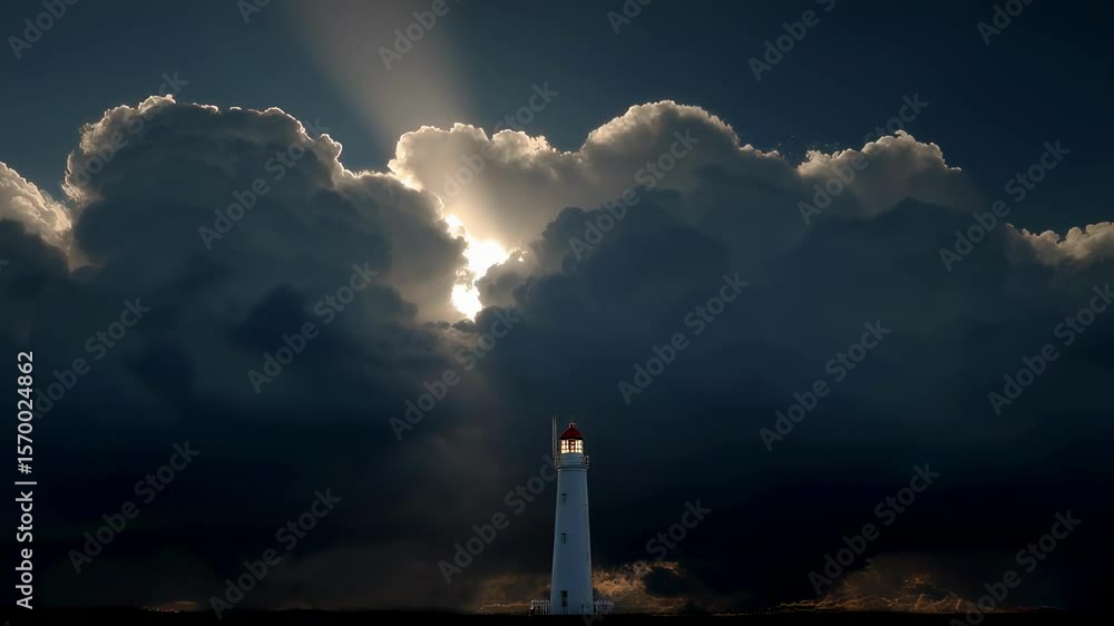 Poster sunbeams shining through dark clouds illuminating a white lighthouse on the coast, creating a dramat