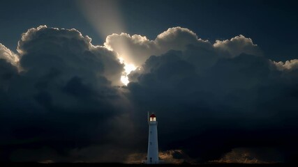Sunbeams shining through dark clouds illuminating a white lighthouse on the coast, creating a dramatic and hopeful scene of navigation and resilience - Powered by Adobe