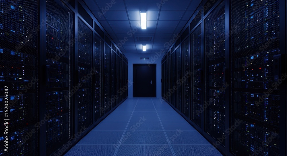 Poster long corridor in a server room filled with numerous data cabinets, operating through the night and c