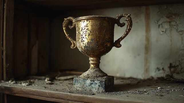 A dusty golden trophy with handles on a shelf in a dimly lit and weathered room interior