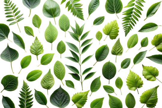 Assorted foliage showcases a variety of green leaves isolated against a contrasting transparent background, highlighting their unique shapes and textures.