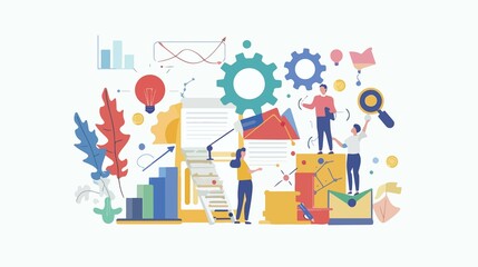 Obraz premium Business people working on data analysis and strategy together, shown with charts, gear, idea lightbulb and magnifier.