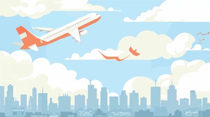 Modern airplane soars above city skyline, offering a fresh perspective of travel and urban landscapes under a bright blue sky.