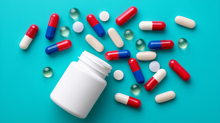scattered pills and a white medicine bottle on a blue background. Assorted Medication and Capsules with Bottle. Healthcare Pharmaceutical Pills Spilled from Container – Flat Lay