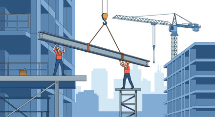 Two construction workers carefully guide a large steel beam into place using a crane on a busy building site under a clear sky with other unfinished structures in the background