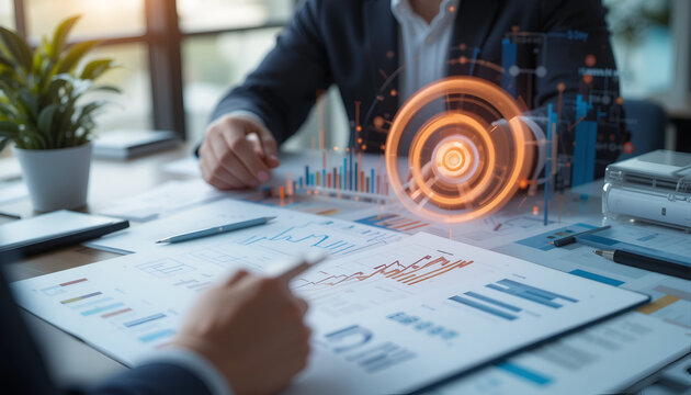 Business analytics are reviewed in a meeting with diagrams, reports, and a futuristic data interface displayed on documents