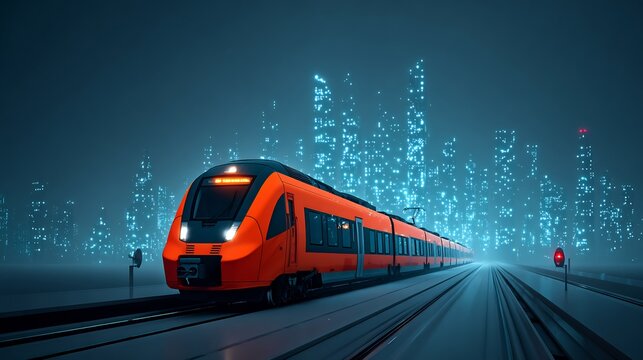Modern orange train speeding through futuristic city at night travel and transportation concept design 3d render winter landscape