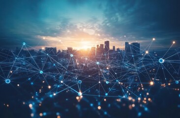 Futuristic Cityscape with Network Connections and Skyline at Sunset