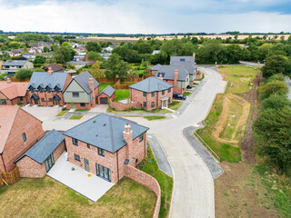 Aerial view of newly completed, large and also affordable smaller homes seen in a newly housing...