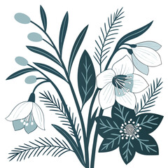 Elegant vector floral design with winter blooms like hellebores snowdrops and pine branches cool tones of icy blue white and silver with touches of deep green soft shadows and clean outlines