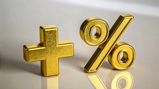 Golden plus and percent symbols standing on reflective surface for finance business and growth concept
