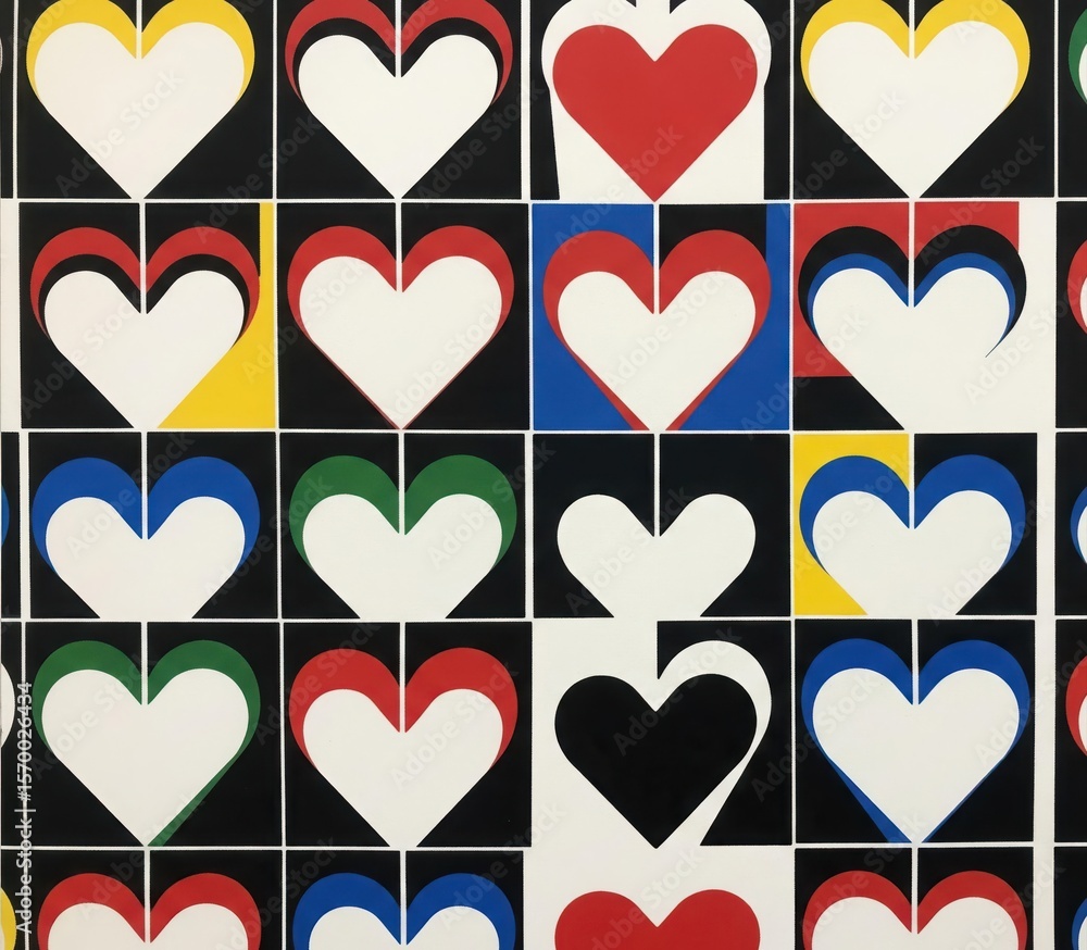 Poster vibrant hearts geometric art pattern. dynamic grid of white hearts with primary color accents on bla