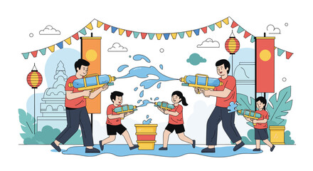 Obraz premium Joyful family celebration engaging in a lively water gun fight outdoors filled with happiness and laughter