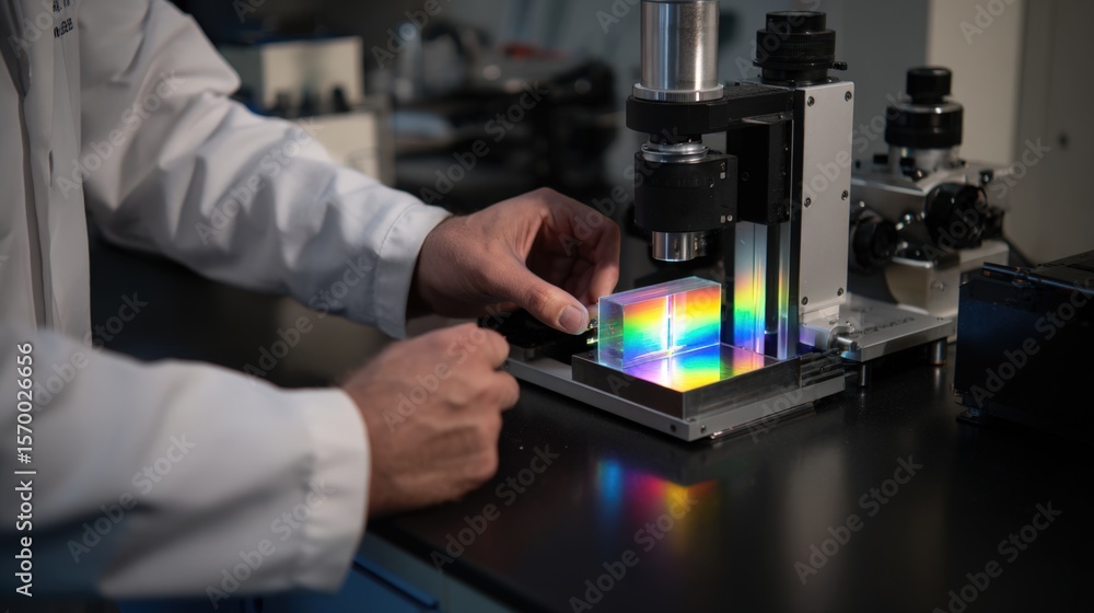 Poster first-person view adjusting spectrometer settings with prism in lab