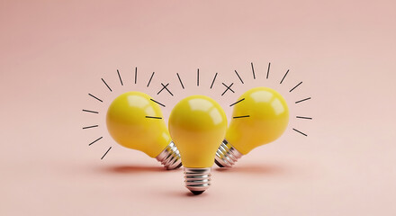 Three yellow lightbulbs on pink background, radiating light rays, symbolizing ideas, innovation, and brainstorming, perfect for creative concepts