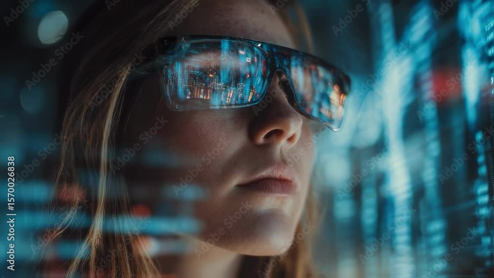 Aufkleber software engineer wearing futuristic augmented reality glasses analyzing holographic data and progra