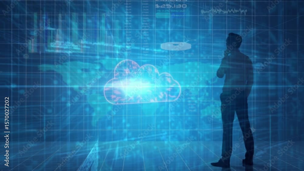 Poster silhouette male analyzing blockchain data by initiating glowing cloud amid bitcoin symbols and grid