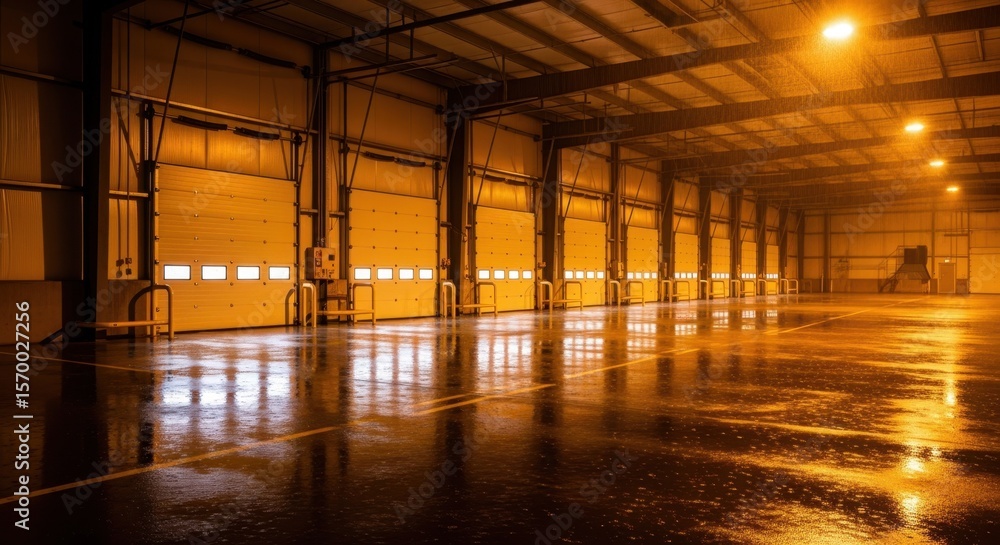 Poster rain cascading over the empty loading docks of a large distribution warehouse, bright lights illumin