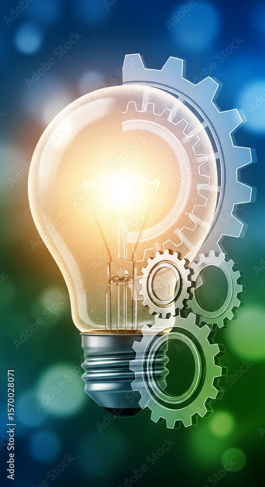 Poster illuminated lightbulb with mesh gears, symbolizing innovation, mechanism, and idea generation, suita