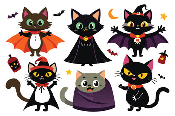 Fototapeta premium Playful black halloween cats with costumes and bats black cats