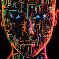 Abstract digital anonymous hacker with light blue laptop and AI chip. Technology electronics background. Computer chip and glitch data flow. Tech artificial intelligence bg. Vector illustration