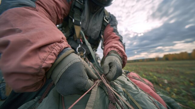 First-person view of hands assembling parachute after landing in open field