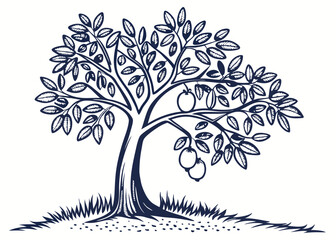 Elegant hand drawn tree illustration featuring leaves and apples on a white background with nature and botanical themes