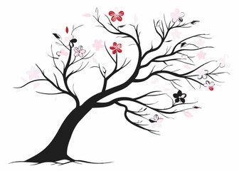 Obraz premium Graceful silhouette of cherry blossom tree with delicate flowers and leaves against a white background