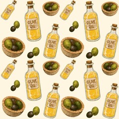 Rustic Kitchen Ingredients – Seamless Watercolor Pattern with Olive Oil and Vegetables