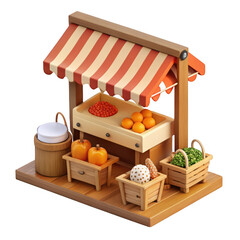 Charming isometric farm stand displaying fresh produce and goods isolated on transparent background