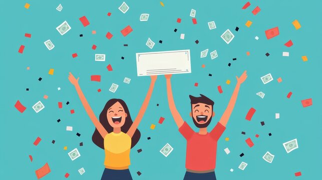 Two joyful people celebrate with confetti, holding a blank sign against a blue background.