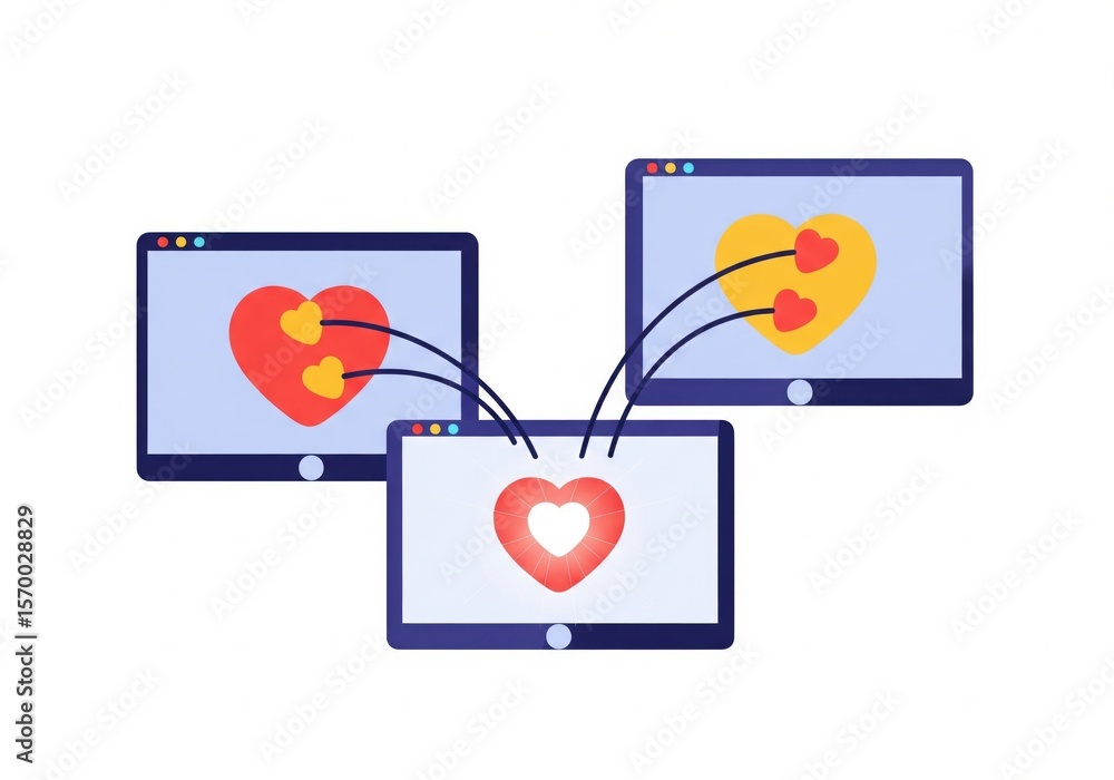 Poster digital hearts interconnecting online. displays screens showing affection flows, symbolizing virtual