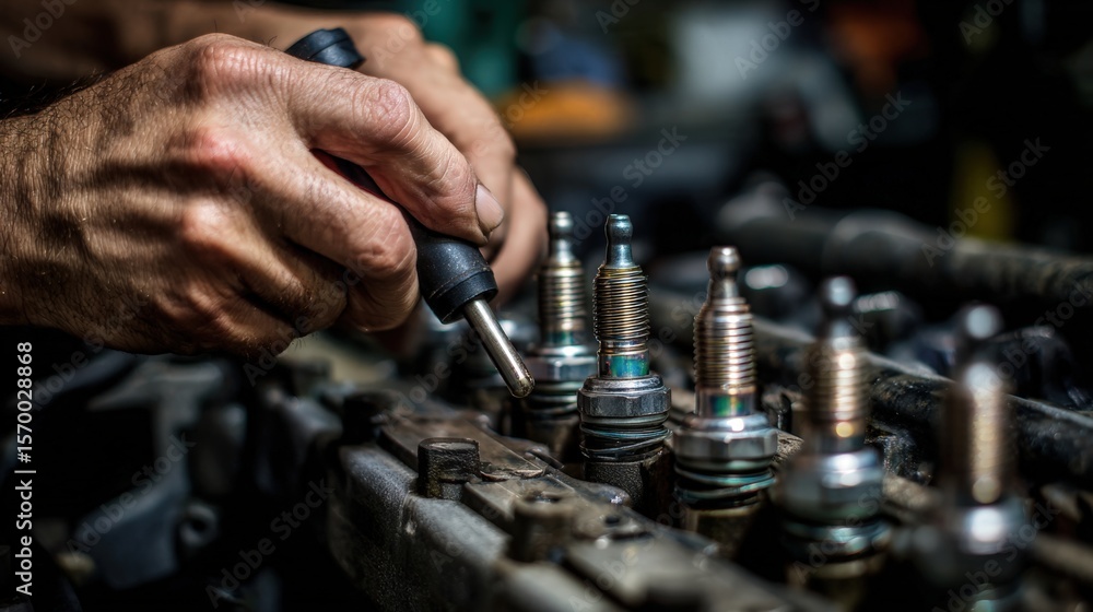 Poster first-person view of hands installing spark plugs with socket tool in engine