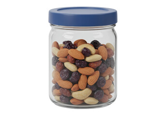Isolated Glass Jar Filled with Mixed Nuts and Dried Fruits
